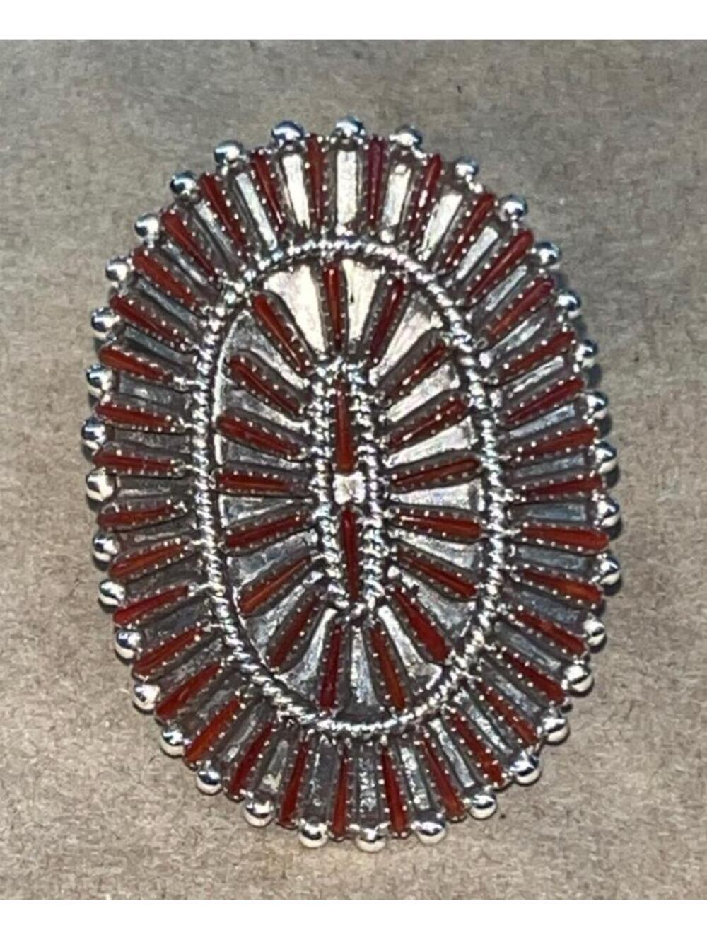 Zuni jewelry handmade sterling silver cluster petit point coral ring size 9
